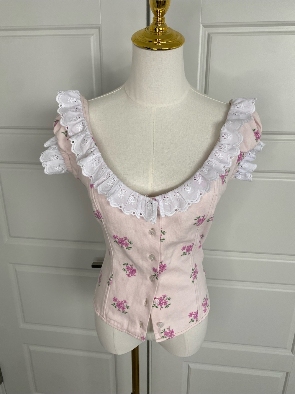Ética Lea Top Small Pink Floral Eyelet Ruffle Corset Button Front Cottagecore